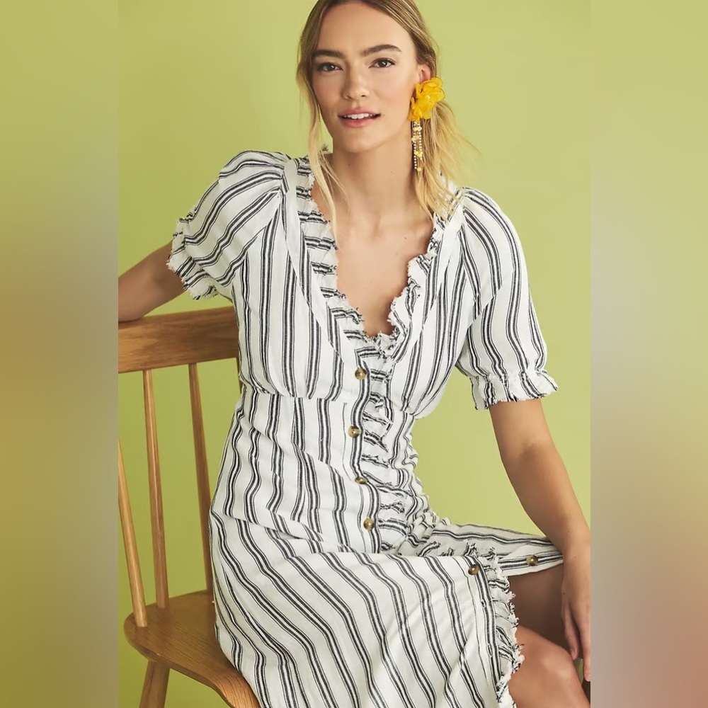Anthropologie White and Black Striped Midi Dress